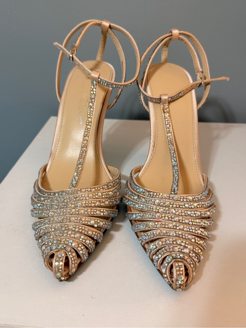 Embellished Nude T-Strap Pointed Toe Heels